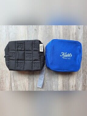 2 Kiehl's Cosmetic Makeup Bags - 1 Blue Bag & 1 Black Color